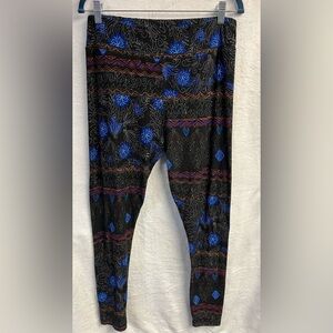 LuLaRoe Black Leggings with Blue and Red Geometric Floral Print